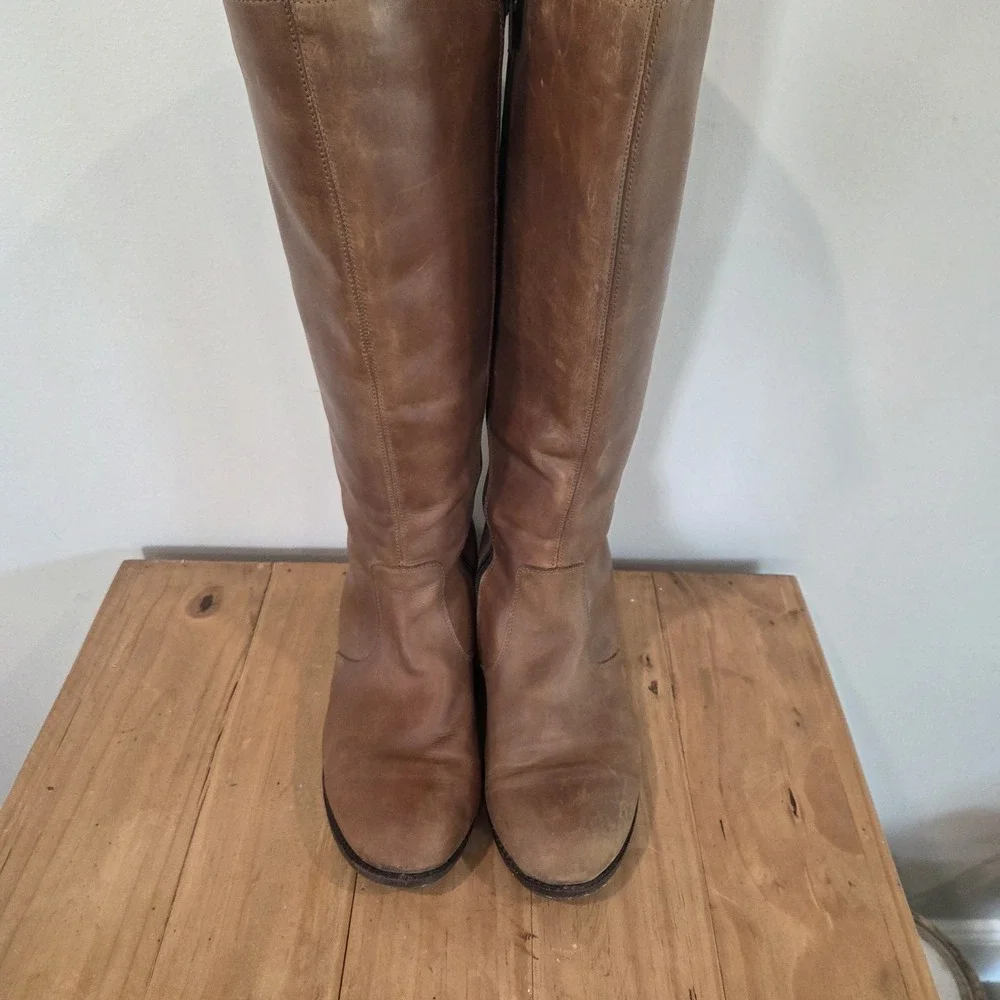 FLY London Women's 42 Brown Leather Knee High Riding Boots Zip Distressed